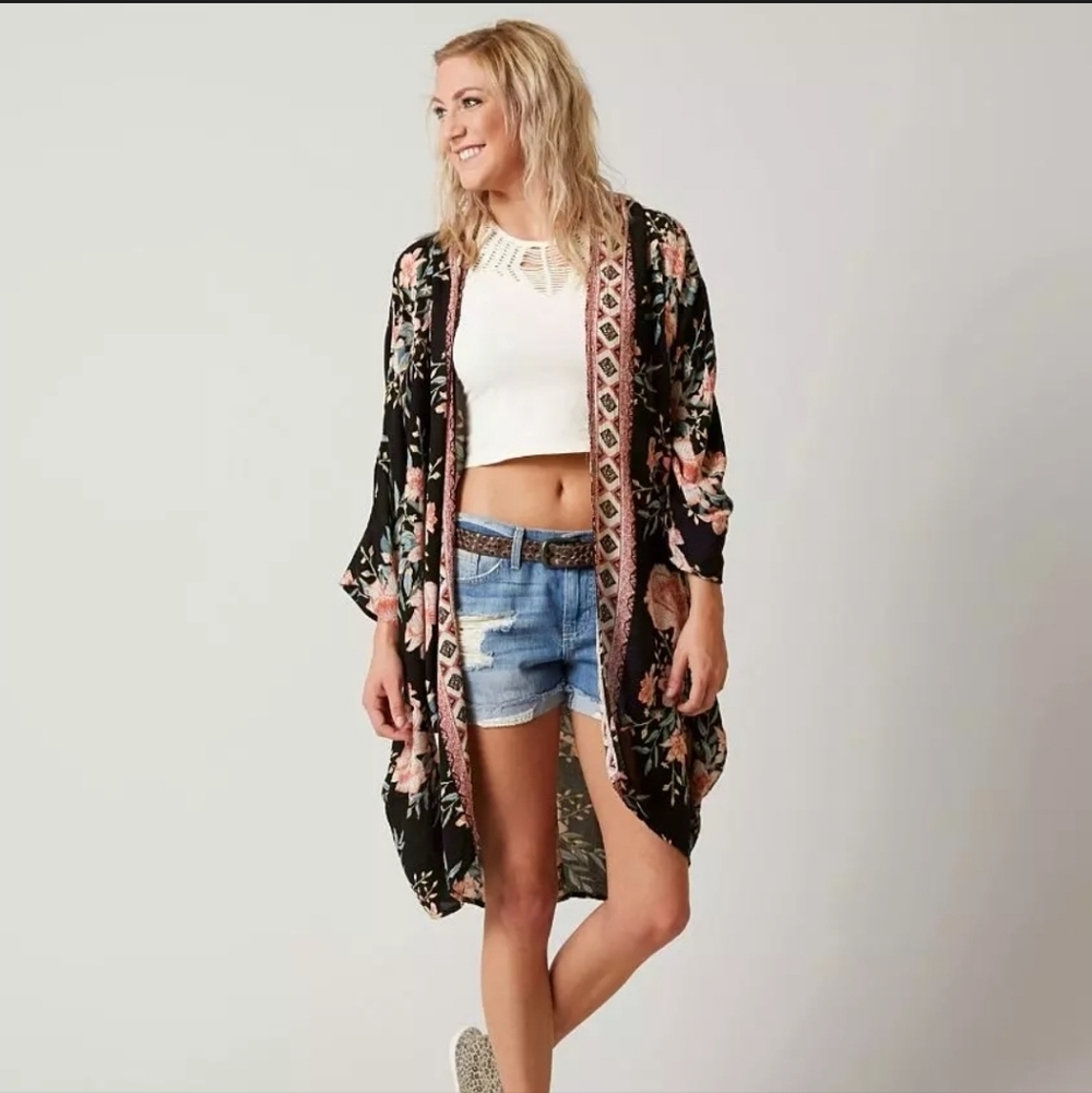 Billabong Flore Me Boho Floral Lightweight Flowy Open Cardigan Kimono S/M